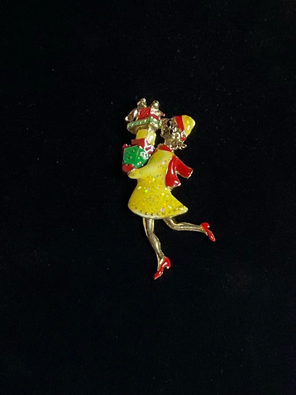 Vintage TC Tanya Creations Holiday Girl Enamel Pin/Brooch with Moving Legs 2.5”